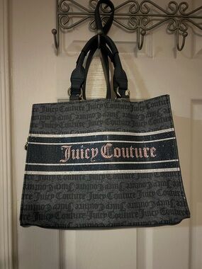 Juicy Couture Black Tote with Navy Stripe and Pink Script